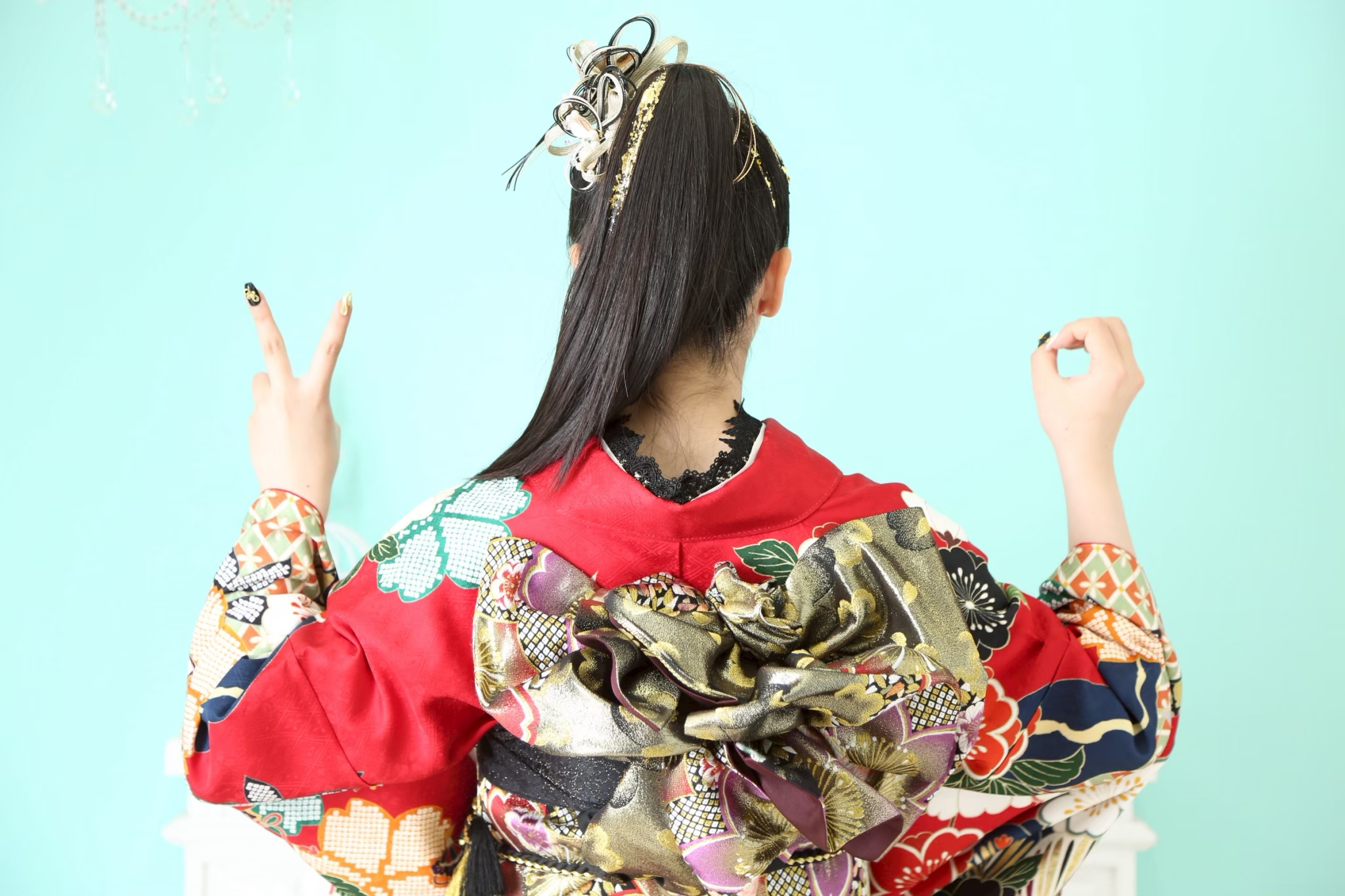 振袖ヘアアレンジ、ハイポニーテール、振袖一本結び